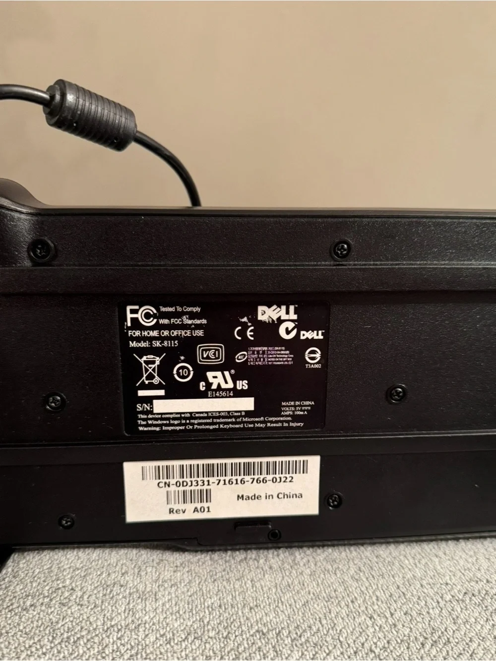 Dell Brand Wired USB Keyboard Standard 104-Key Model SK-8115 Black 6’ Cord